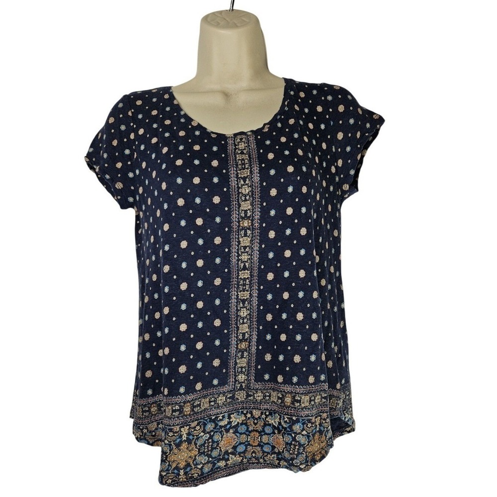 Lucky Brand Top Women Small Short Sleeve boho Print Peasant Whimsical Hippie